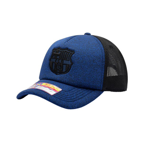 Side view of the FC Barcelona Dribbling Trucker Hat in Navy/White, with high crown, curved peak, mesh back and snapback closure.