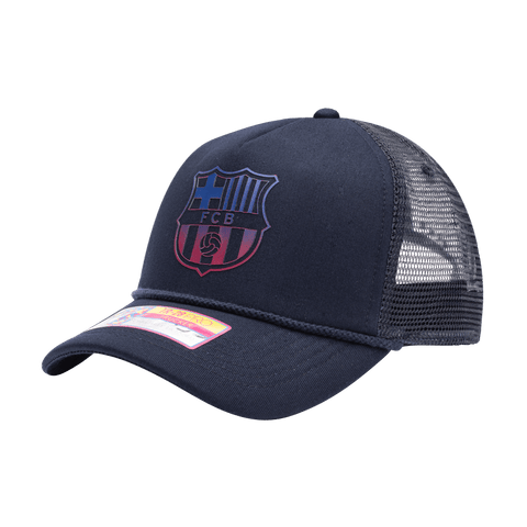 FC Barcelona Atmosphere Trucker with mid crown, curved peak brim, mesh back, and snapback closure, in Navy