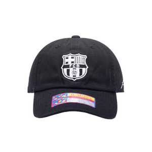 Front view of the FC Barcelona Hit Classic hat with low unstructured crown, curved peak brim, and buckle closure, in black.