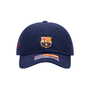 Front view of the FC Barcelona Safari Classic Adjustable with low crown, curved brim, and adjustable strap, in Navy.