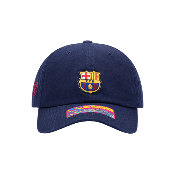 Front view of the FC Barcelona Safari Classic Adjustable with low crown, curved brim, and adjustable strap, in Navy.