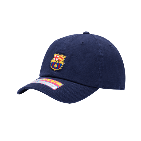 Side view of the FC Barcelona Safari Classic Adjustable with low crown, curved brim, and adjustable strap, in Navy.