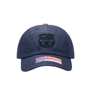 Front view of the FC Barcelona Pegasus Classic hat with low unstructured crown, curved peak brim, and buckle closure, in blue.