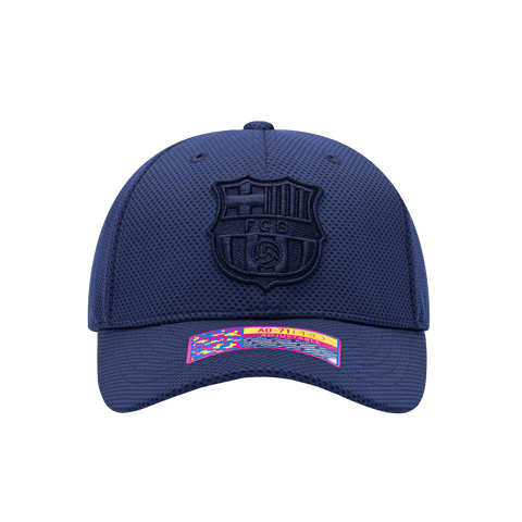 Front view of the FC Barcelona Trophy Adjustable hat with mid constructured crown, curved peak brim, and slider buckle closure, in Navy.