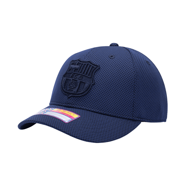 Side view of the FC Barcelona Trophy Adjustable hat with mid constructured crown, curved peak brim, and slider buckle closure, in Navy.