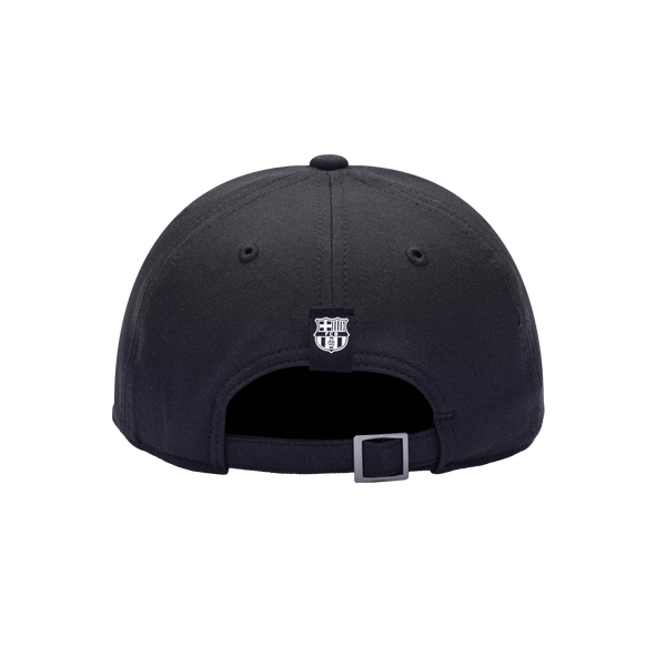 Back view of the FC Barcelona Standard Adjustable hat with mid constructured crown, curved peak brim, and slider buckle closure, in Black.