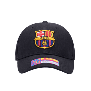 Front view of the FC Barcelona Standard Adjustable hat with mid constructured crown, curved peak brim, and slider buckle closure, in Black.