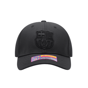 Front view of the FC Barcelona Dusk Adjustable hat with mid constructured crown, curved peak brim, and slider buckle closure, in Black.