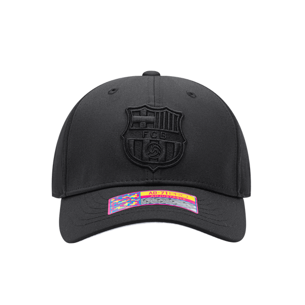 Front view of the FC Barcelona Dusk Adjustable hat with mid constructured crown, curved peak brim, and slider buckle closure, in Black.