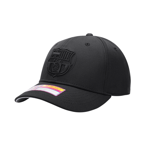 Side view of the FC Barcelona Dusk Adjustable hat with mid constructured crown, curved peak brim, and slider buckle closure, in Black.