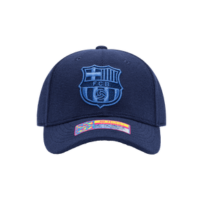 Front view of the FC Barcelona Club Ink Adjustable with high crown, curved brim, and adjustable strap, in blue.