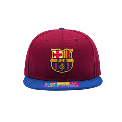 Front view of the FC Barcelona Team Fitted Hat with high structured crown, flat peak brim, in Burgundy/Blue