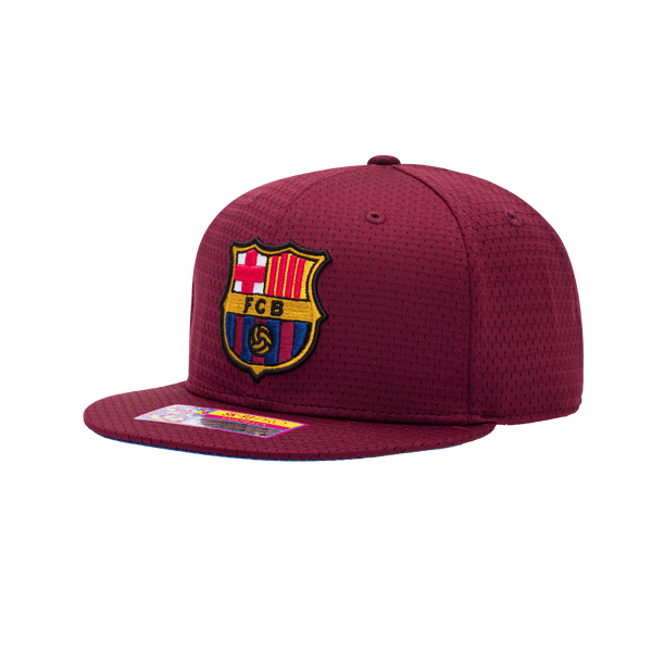 Side view of the FC Barcelona Practice Snapback with high structured crown, flat peak brim, and snapback closure, in Burgundy.