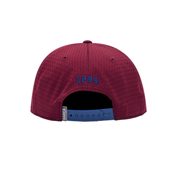 Back view of the FC Barcelona Practice Snapback with high structured crown, flat peak brim, and snapback closure, in Burgundy.