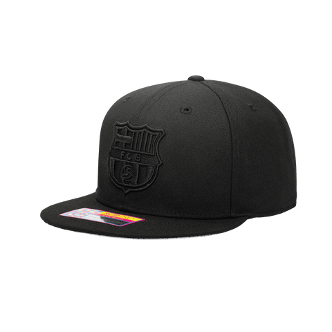 Side view of the FC Barcelona Dusk Snapback with high crown, flat peak, and snapback closure, in Black