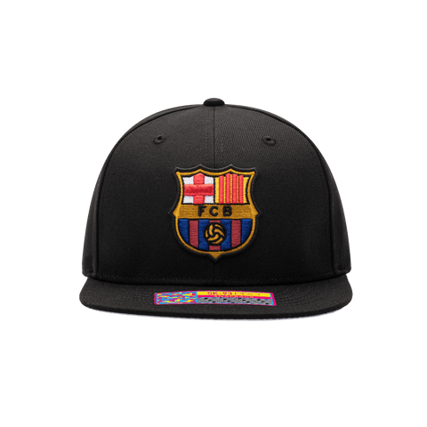 Front view of the FC Barcelona Dawn Snapback with high crown, flat peak brim, adjustable closure, in black