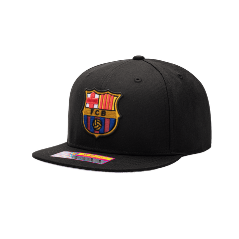Side view of the FC Barcelona Dawn Snapback with high crown, flat peak brim, adjustable closure, in black