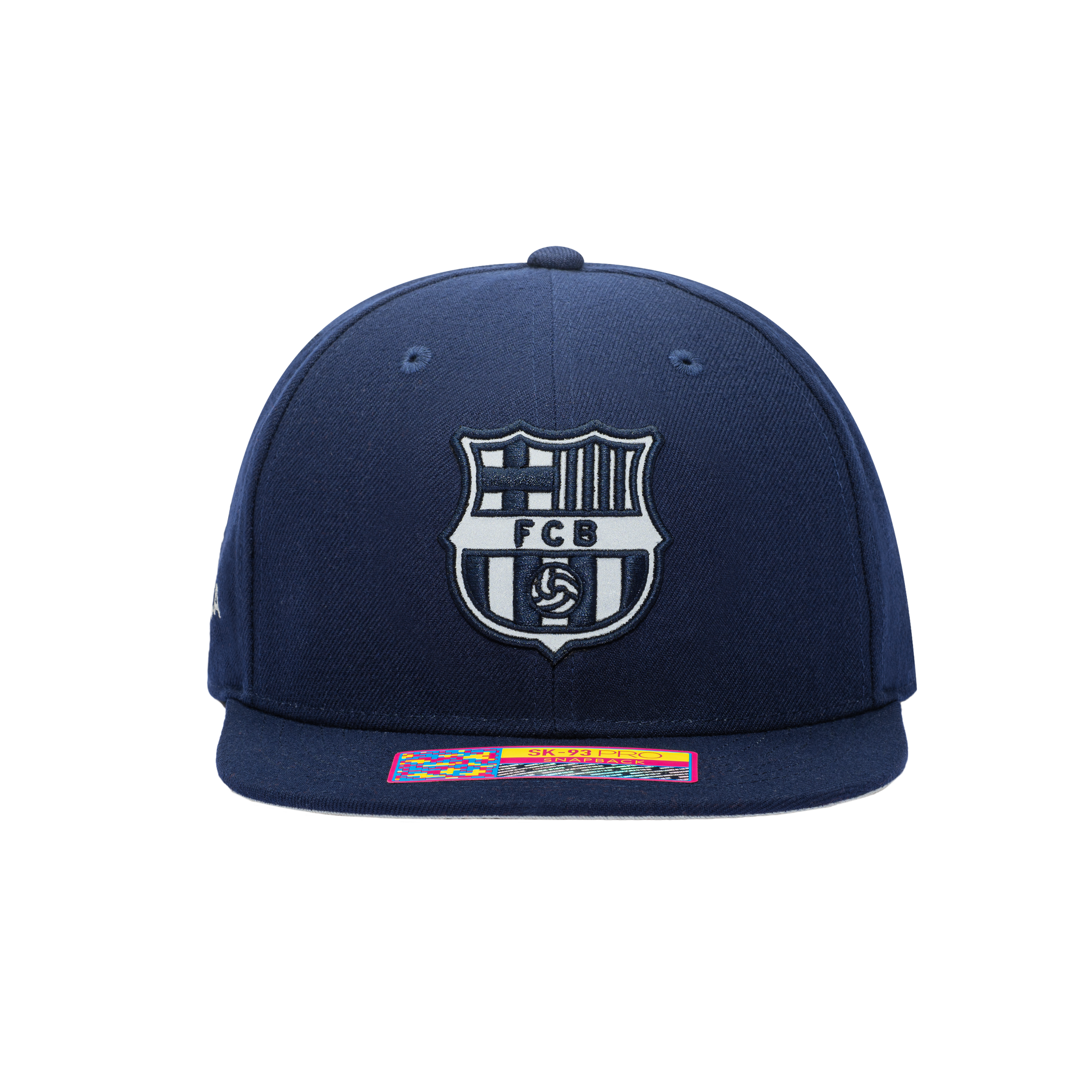 Front view of the FC Barcelona Braveheart Snapback with high crown and flat peak in Blue