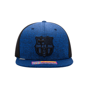 Front view of the FC Barcelona Dribbling Snapback with high crown, flat peak, and snapback closure, in Navy/Black