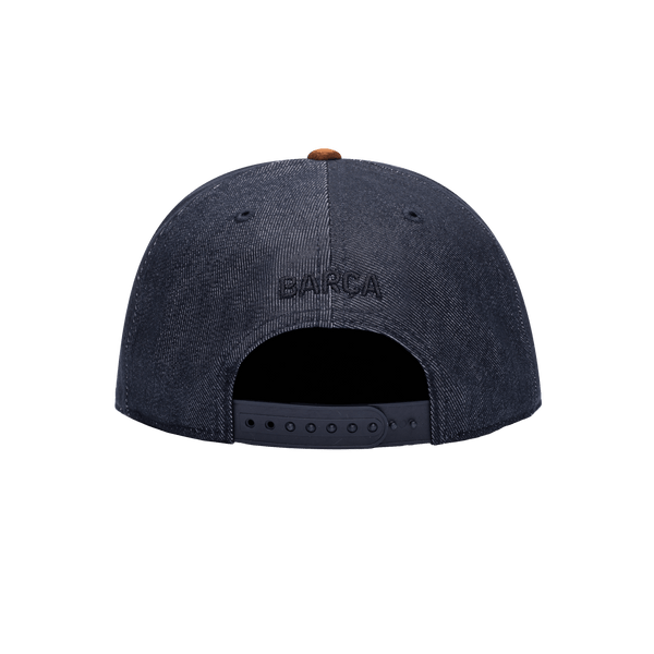 Back view of the FC Barcelona Orion Snapback with high structured crown, flat peak suede-like brim, and snapback closure, in Blue/Brown.