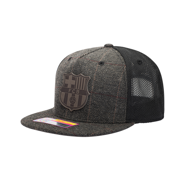 Side view of the FC Barcelona Sherlock Snapback in brown tweed and black panels, with high crown and flat peak.