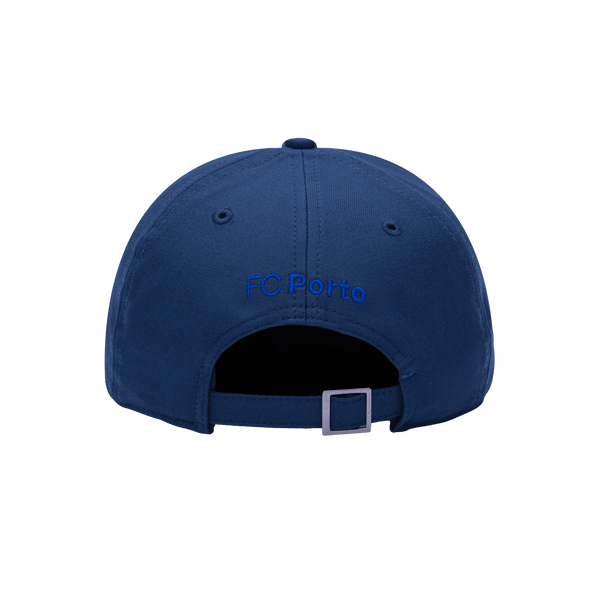 Back view of the FC Porto Trigger Adjustable hat with mid constructured crown, curved peak brim, and slider buckle closure, in Navy.