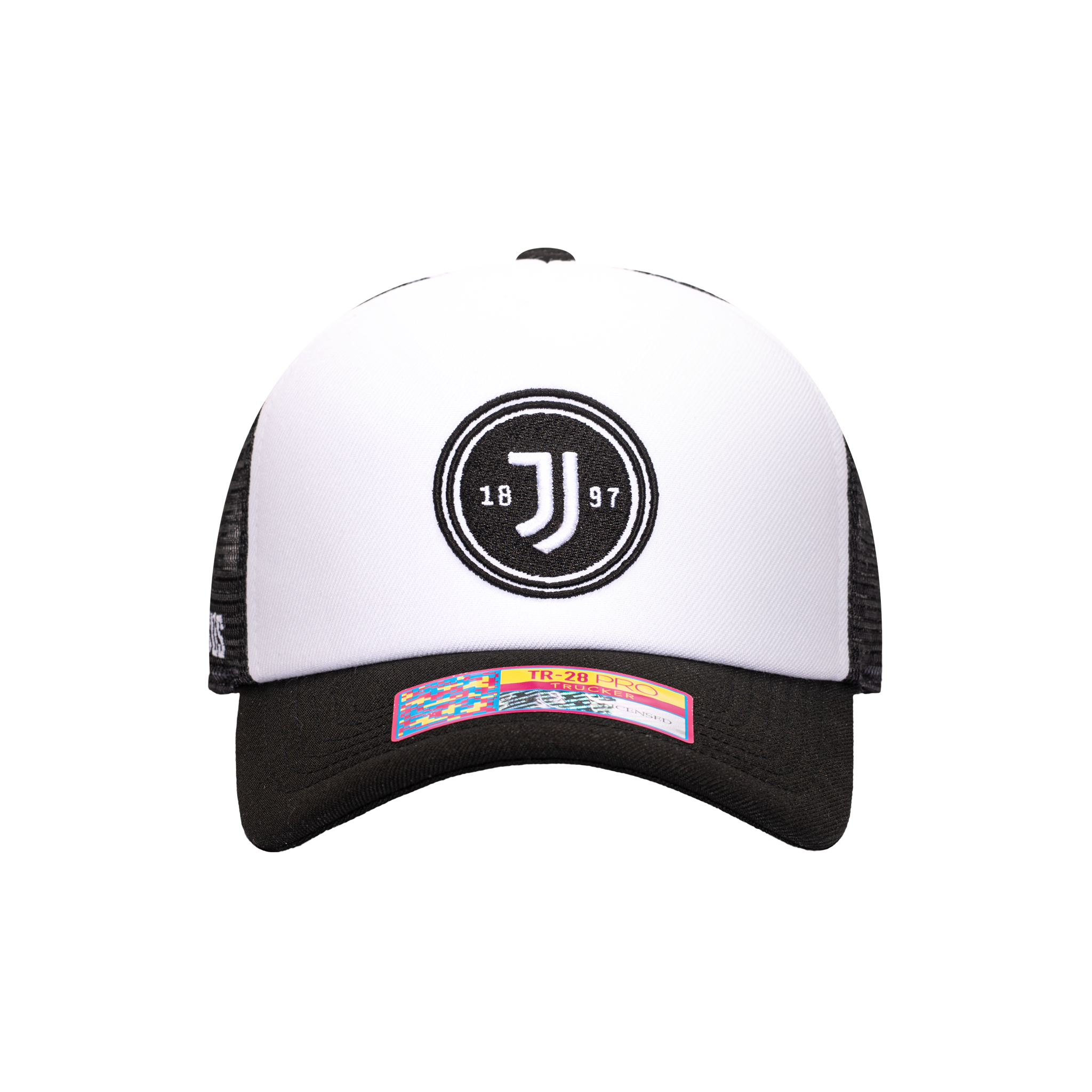 Black White Juventus Script Stop Trucker with black bill, black back panels, and black button on top with white in front