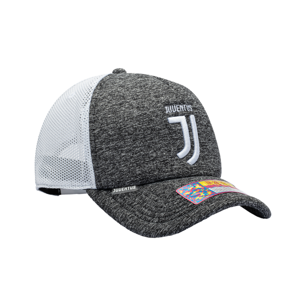 Side view of the Juventus Dribbling Trucker Hat in Grey/White, with a high crown, curved peak, mesh back and snapback closure.