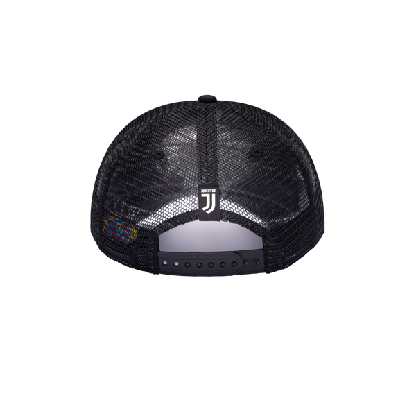 Back side of Black Juventus Shield Trucker with JUVE team tag on the back