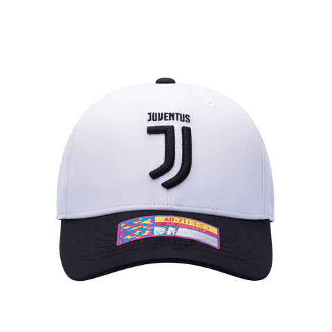 Front view of the Juventus Core Adjustable hat with mid constructured crown, curved peak brim, and slider buckle closure, in White/Black.