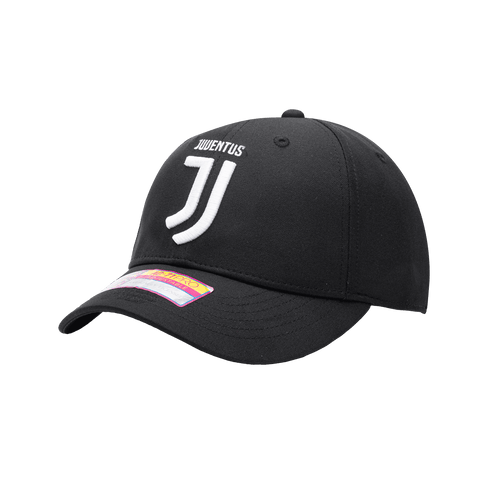 Side view of the Juventus Standard Adjustable hat with mid constructured crown, curved peak brim, and slider buckle closure, in Black.
