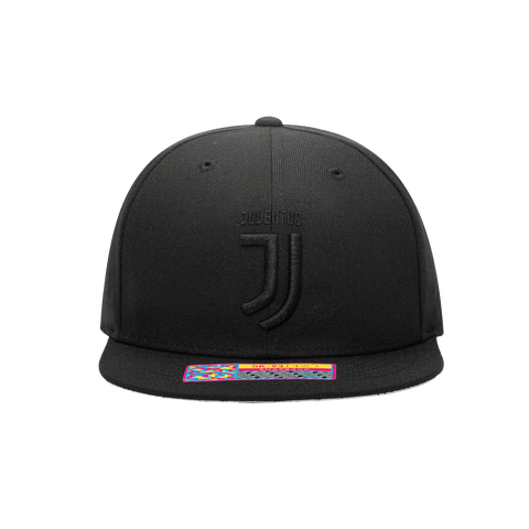 Front view of Juventus Dusk Snapback with high crown, flat peak, and snapback closure, in Black