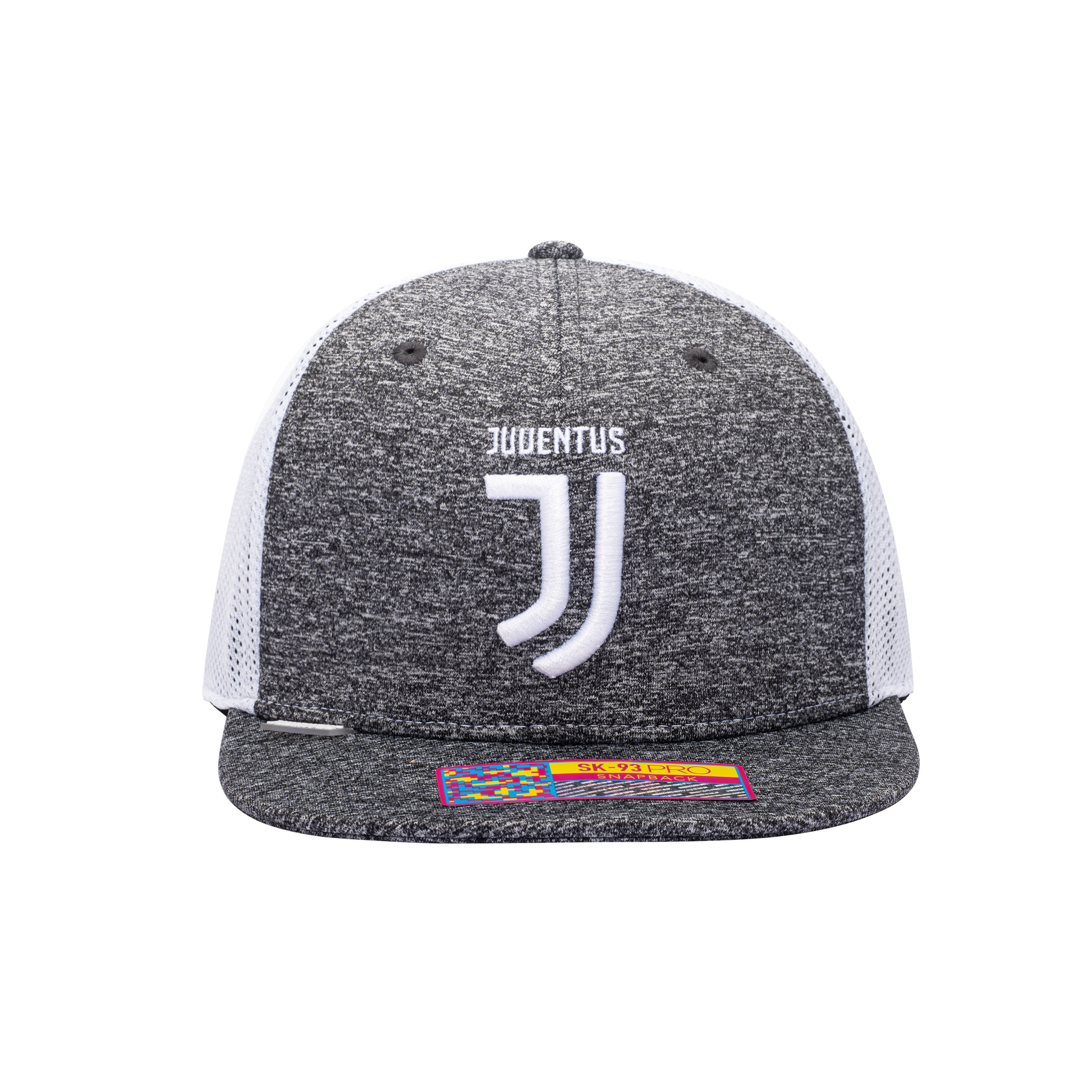 Front view of the Juventus Dribbling Snapback in marled grey with white panel, in a high crown and flat peak.