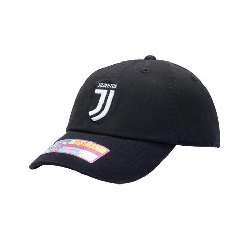 Side view of the Juventus Bambo Kids Classic hat with low unstructured crown, curved peak brim, and buckle closure, in black.