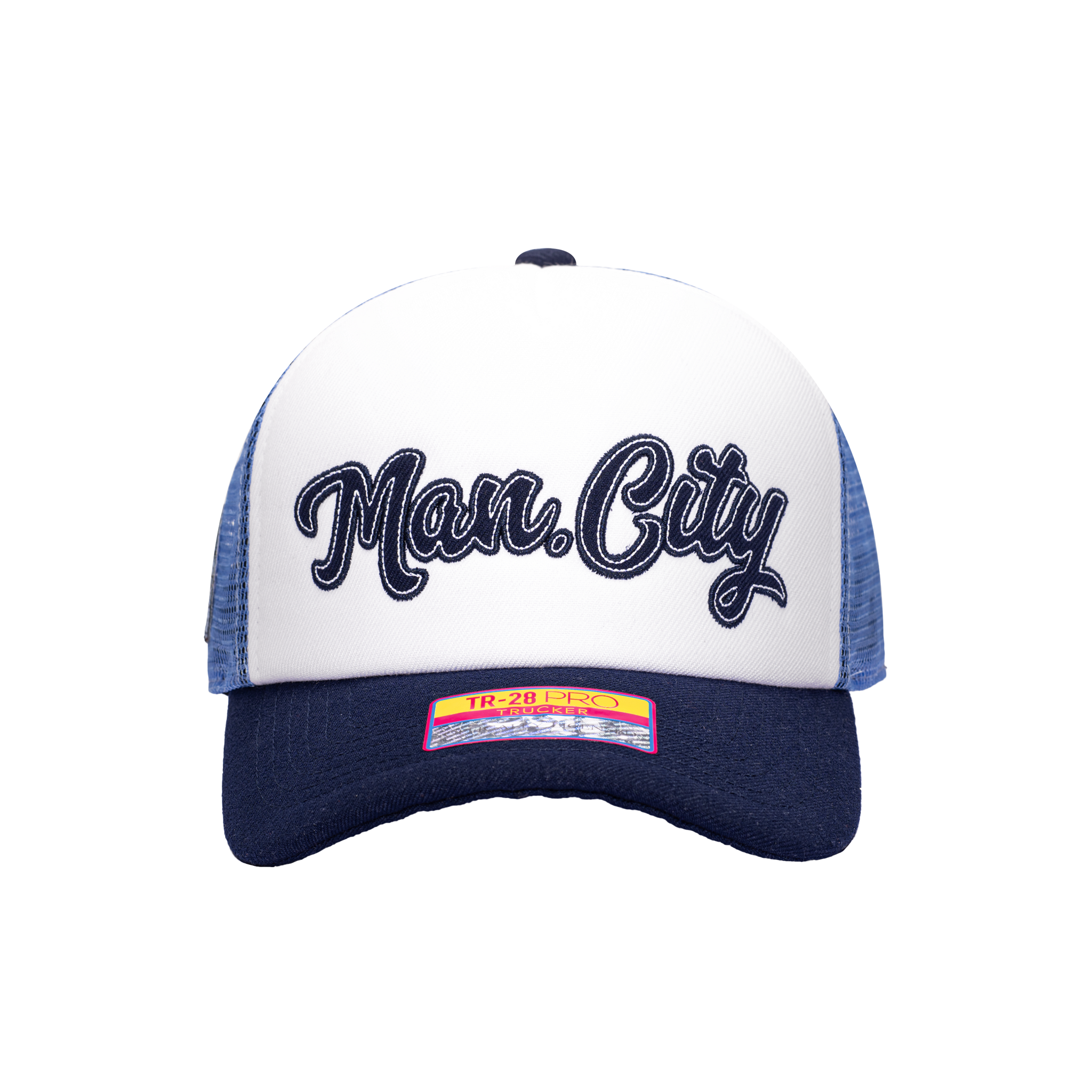 Blue White Manchester City Script Stop Trucker with Navy Bill and Button on top with Blue back panels