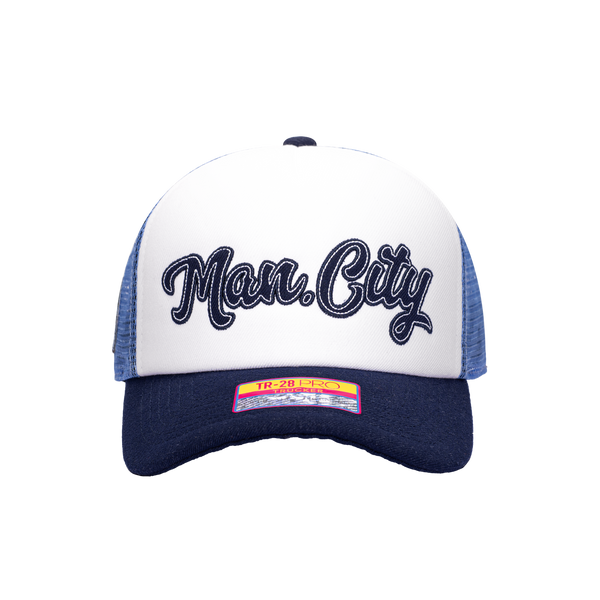 Blue White Manchester City Script Stop Trucker with Navy Bill and Button on top with Blue back panels