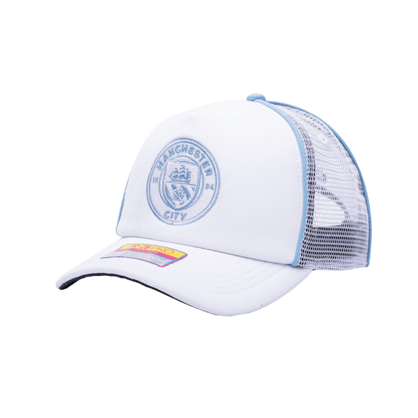 Side view of the Manchester City Cali Day Trucker with mid crown, curved peak, and snapback closure on mesh back, in white.