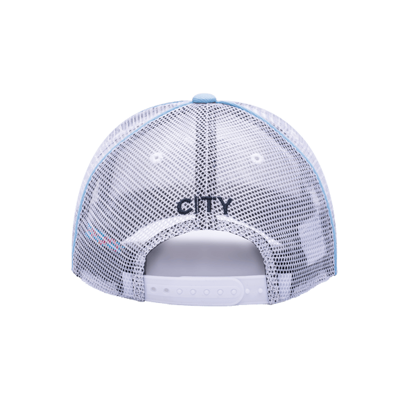 Back view of the Manchester City Cali Day Trucker with mid crown, curved peak, and snapback closure on mesh back, in white.