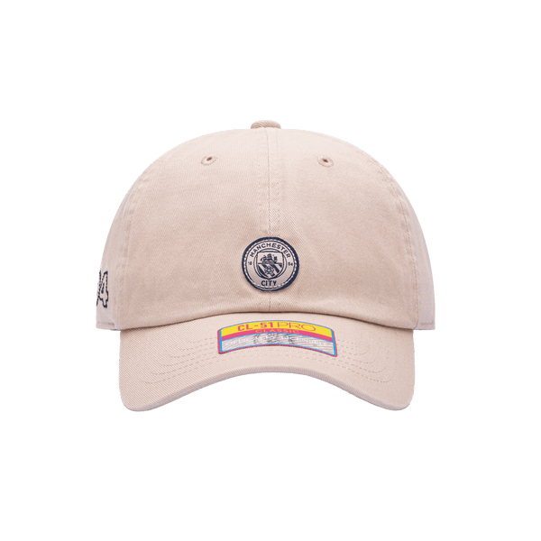 Front view of the Manchester City Safari Classic Adjustable with low crown, curved brim, and adjustable strap, in brown.