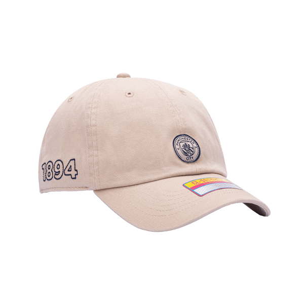 Side view of the Manchester City Safari Classic Adjustable with low crown, curved brim, and adjustable strap, in brown.