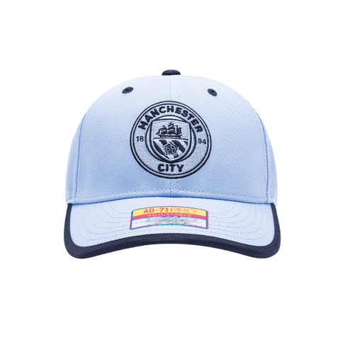 Manchester City Tape Adjustable with high crown, curved peak brim, and adjustable buckle strap closure, in Light Blue