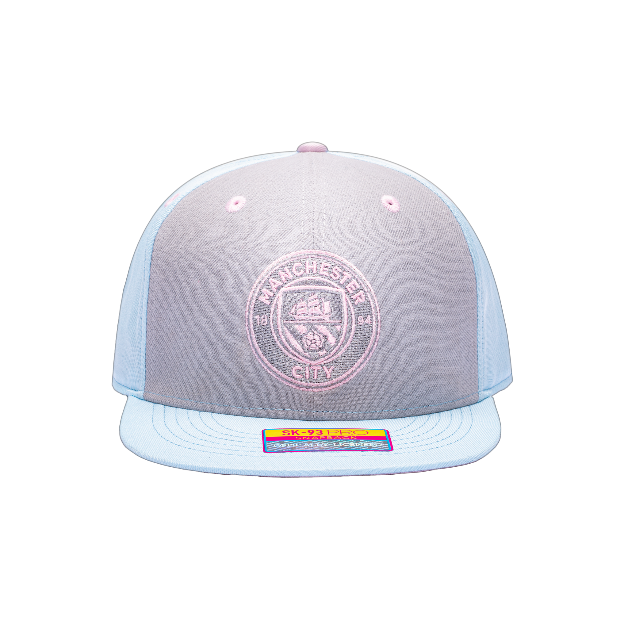 Blue grey pink Manchester City Soft Touch Snapback. Grey front panel, blue back panels and bill