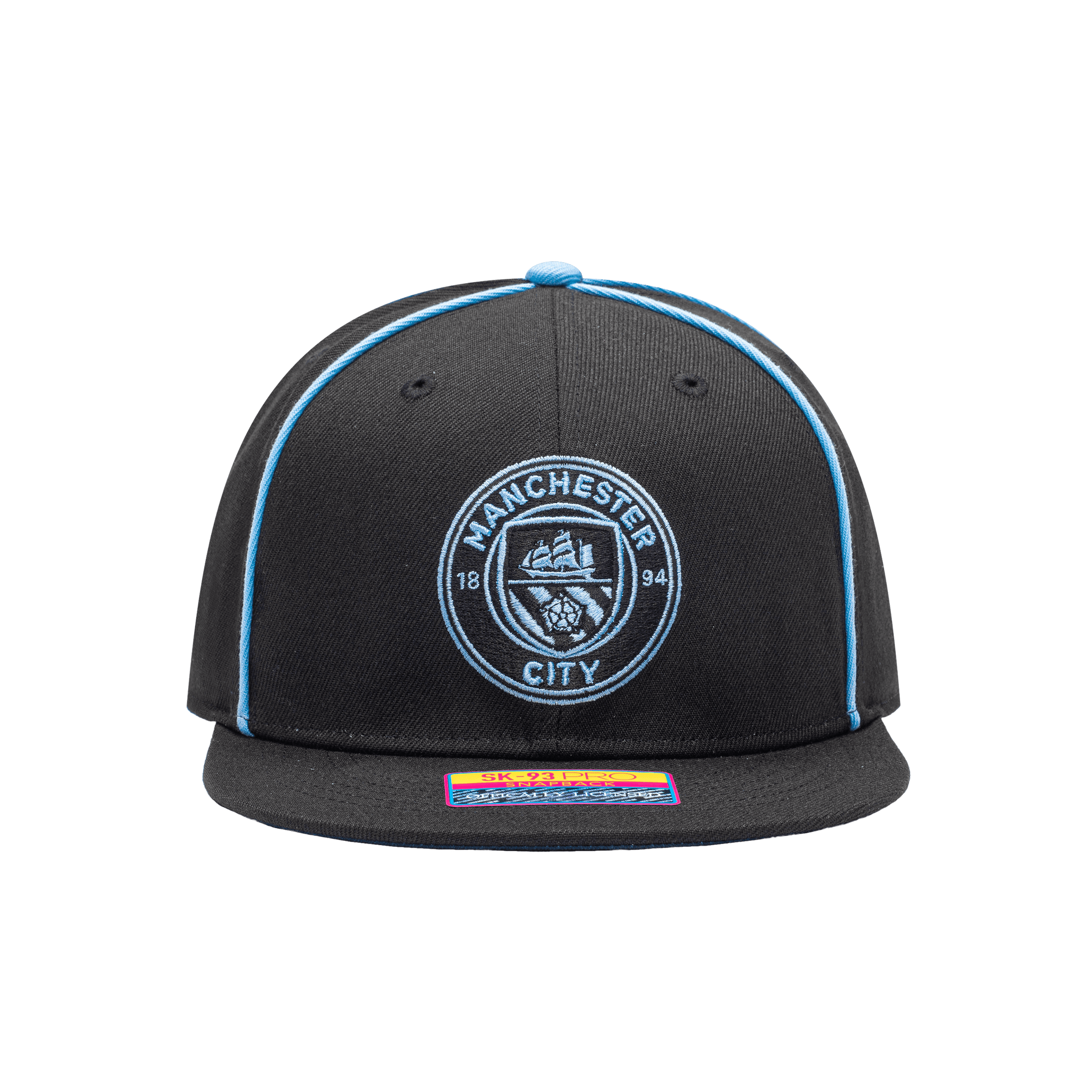 Front view of the Manchester City Cali Night Snapback with high crown, flat peak, and snapback closure, in black/blue.