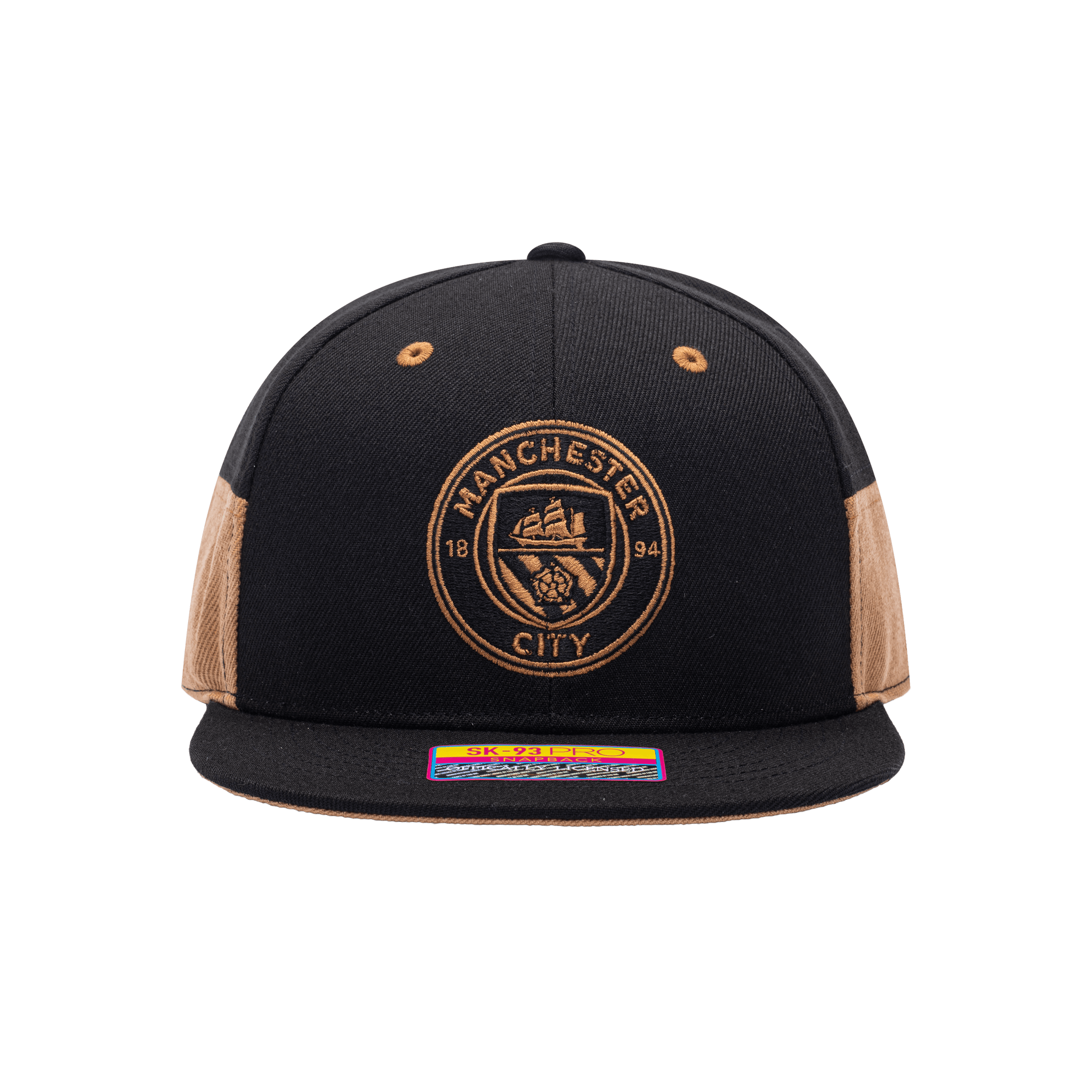 Front view of the Manchester City Truitt Snapback with high crown, flat peak, and snapback closure, in Black/Gold.