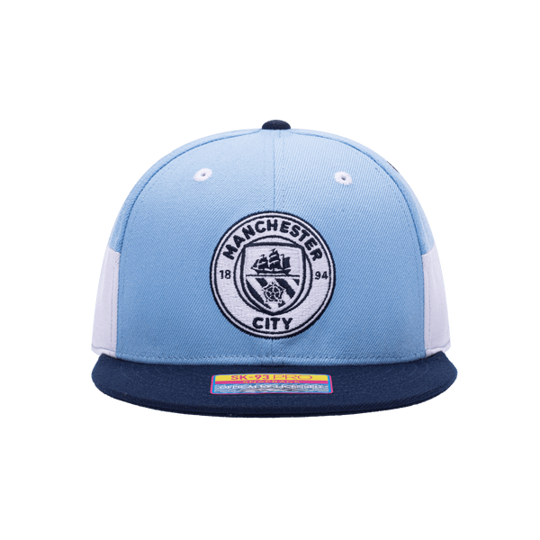 Front view of the Manchester City Truitt Snapback with high crown, flat peak, and snapback closure, in Teal/White.