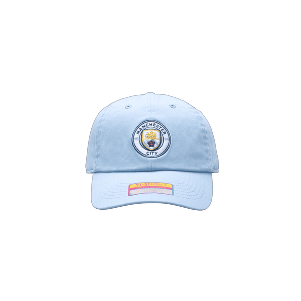 Manchester City Bamo Kids Classic hat with low, unconstructed crown, curved peak, and flip buckle closure, in Light Blue