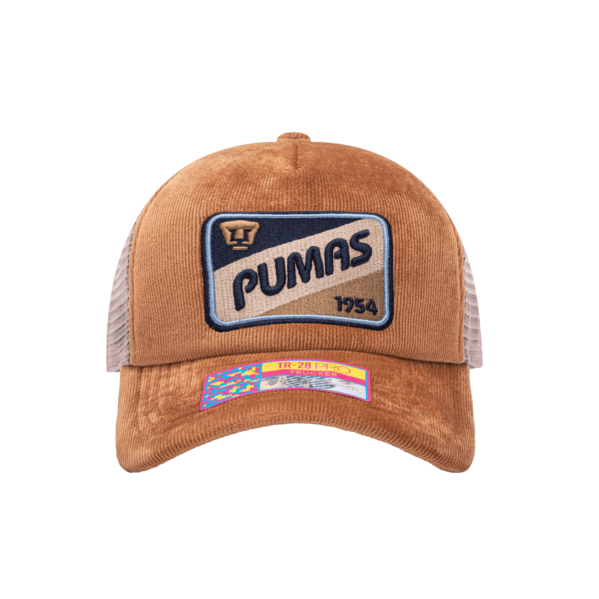 Front view of the Pumas Camionero Trucker with high crown, curved peak, and snapback closure on mesh back, in brown.