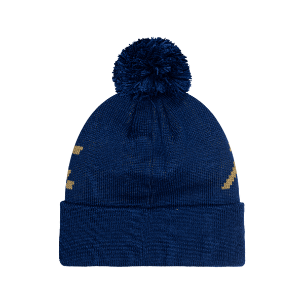 Pumas Pixel Beanie with embroidered club logo on ribbed ruff, club name knitted in hat body, and pom detailing, in Navy.