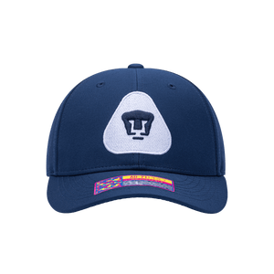 Front view of the Pumas Hit Adjustable hat with mid constructured crown, curved peak brim, and slider buckle closure, in Navy.