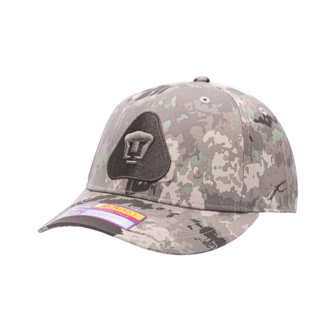 Side view of the Pumas Sweeper Adjustable hat with mid constructured crown, curved peak brim, and slider buckle closure, in brown camo print.